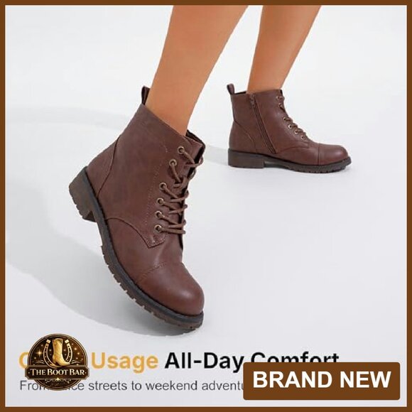 Women's Ankle Boots Lace Up Combat Booties Low Heel Fashion - Picture 6 of 8